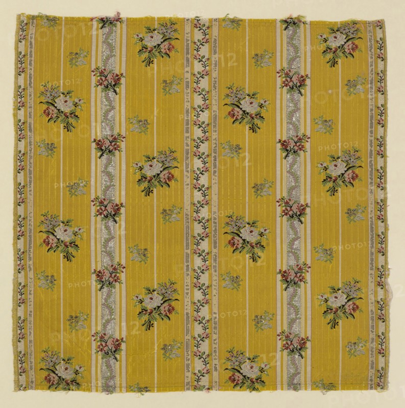 Fragment, 1770/80, France, Silk, silvered-metal strips, and silvered-metal-strip-wrapped silk (frisé), plain weave with supplementary patterning warps and supplementary brocading wefts, 54.1 × 54.1 cm (21 1/4 × 21 1/4 in.)