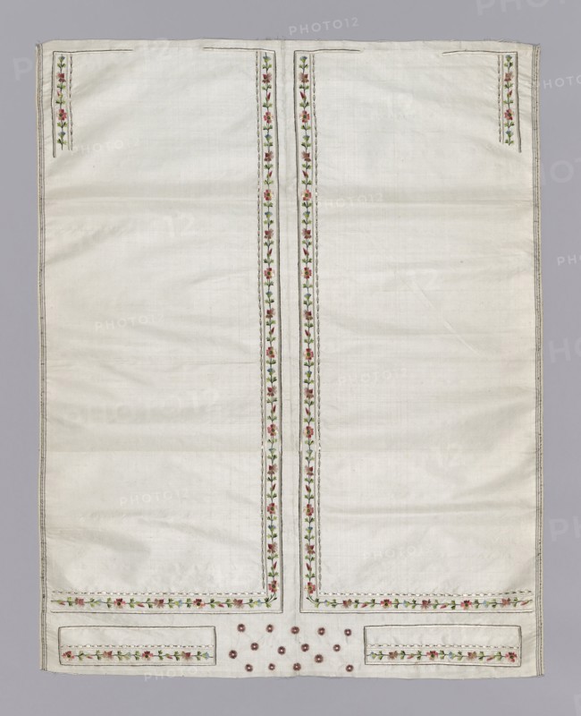 Waistcoat (Uncut and Unassembled), 1801/25, France, Silk, plain weave, embroidered with silk threads in satin and stem stitches with borders worked in diagonal satin stitch, French knots, 70.8 × 55.7 cm (27 7/8 × 21 7/8 in.)