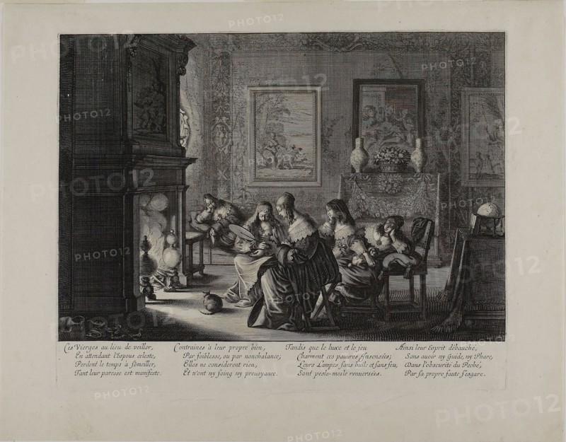 The Wise and Foolish Virgins, plate five, 1635, Abraham Bosse, French, 1602-1676, France, Engraving and etching on ivory laid paper, 218 × 320 mm (image), 422 × 320 mm (sheet)