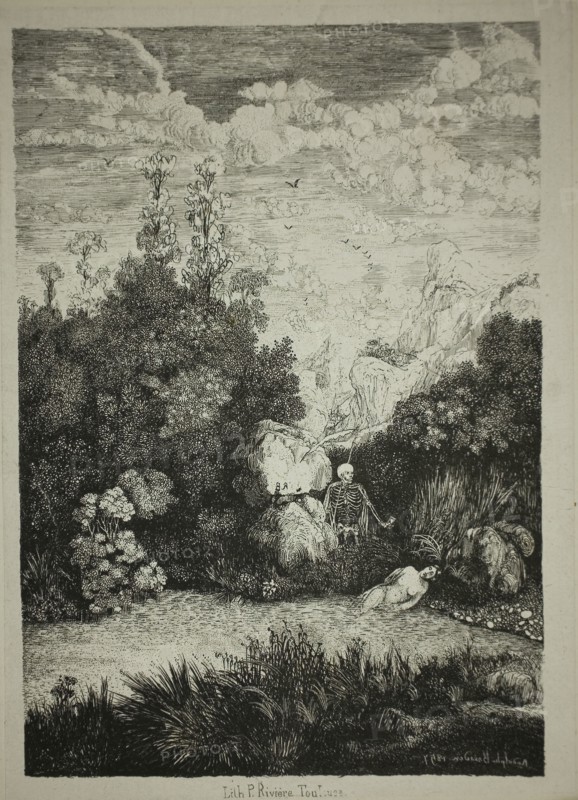 Bathing Woman and Death, 1857, Rodolphe Bresdin, French, 1825-1885, France, Lithograph (etching transfer) on light gray chine, laid down on ivory card, 160 × 110 mm (image), 168 × 120 mm (sheet)