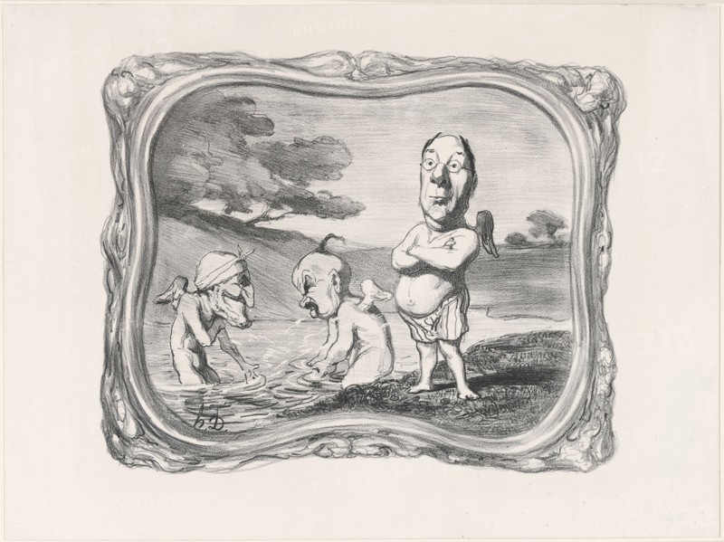Neighborhood nymphs, come discreet nymphs Laboulie in these places arrayed with his glasses, Shows himself to your glances in uncovered masses A young journalist who, leaving the unsullied water having hardly given his signature Dries his fine torso in the sun, plate 5 from Idylles Parlementairesa, 1850, Honoré Victorin Daumier, French, 1808-1879, France, Lithograph in black on white wove paper, 221 × 272 mm (image), 277 × 372 mm (sheet)