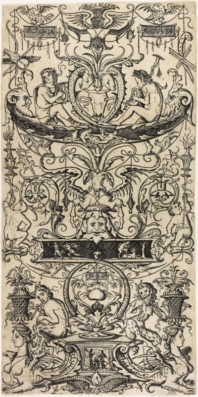 Ornamental Panel: Victoria Augusta, c. 1507, Nicoletto da Modena, Italian, active c. 1500–c. 1520, Italy, Engraving in black on ivory paper, 261 x 130 mm
