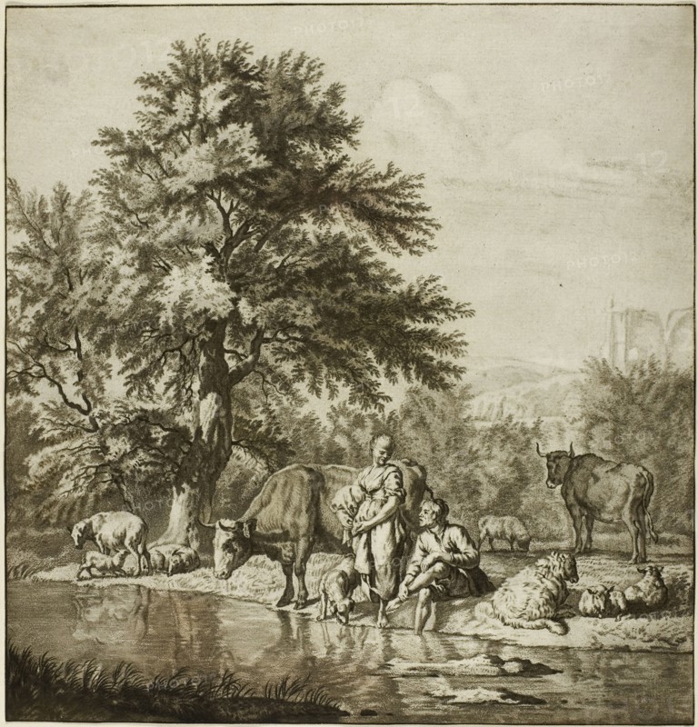 Two Shepherds with Cattle, n.d., Jacob Cornelis Ploos van Amstel (Dutch, 1726-1798), after Adriaen van de Velde (Dutch, 1636-1672), Holland, Mixed process print on paper, 257 x 247 mm