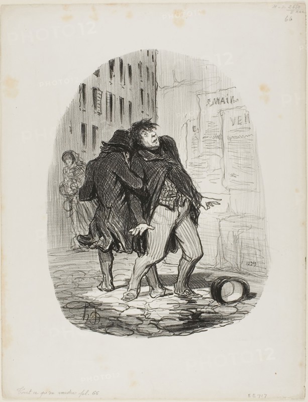 Tell me, my friend, all the people who walk in this area turn around… could it be that this is the politician’s district?, plate 66 from Tout Ce Qu’on Voudra, 1850, Honoré Victorin Daumier, French, 1808-1879, France, Lithograph in black on white wove paper, 264 × 212 mm (image), 360 × 277 mm (sheet)