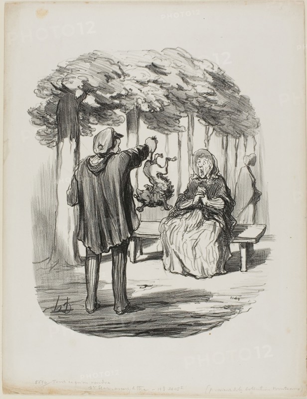 Is this your dog here?, plate 20 from Tout Ce Qu’on Voudra, November 4, 1847, Honoré Victorin Daumier, French, 1808-1879, France, Lithograph in black on white wove paper, 267 × 228 mm (image), 360 × 278 mm (sheet)