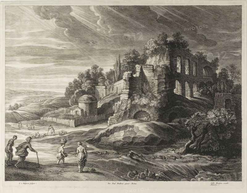 Landscape with the Great Ruins, from The Small Landscapes, c. 1638, Schelte Adamsz. Bolswert (Dutch, active in Flanders, c. 1586–1659), after Peter Paul Rubens (Flemish, c. 1577-1640), Flanders, Engraving on ivory laid paper, 329 × 442 mm (image), 345 × 452 mm (plate), 361 × 460 mm (sheet)