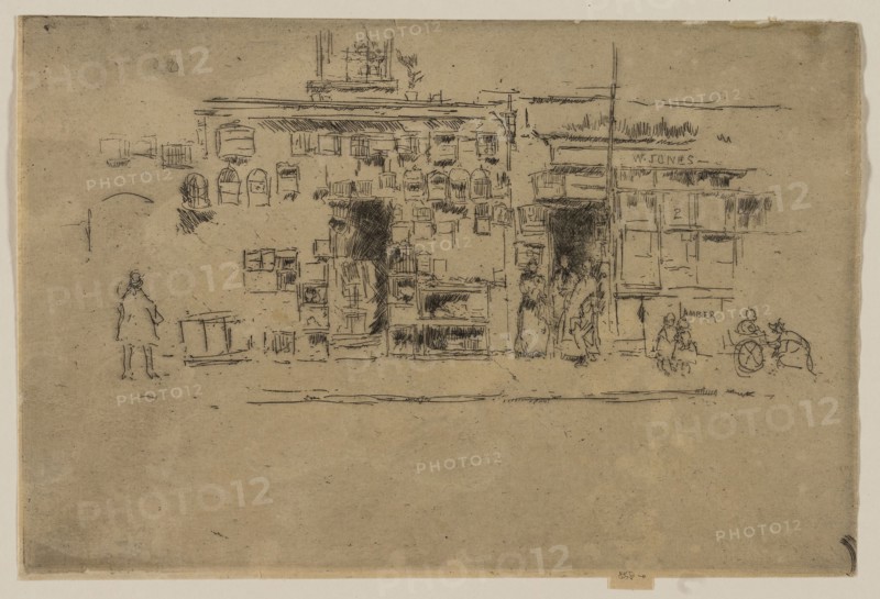 Bird-Cages, Chelsea, 1887, James McNeill Whistler, American, 1834-1903, United States, Etching and drypoint with foul biting in black ink on cream laid paper, 151 x 229 mm (image, trimmed within plate mark), 156 x 231 mm (sheet)