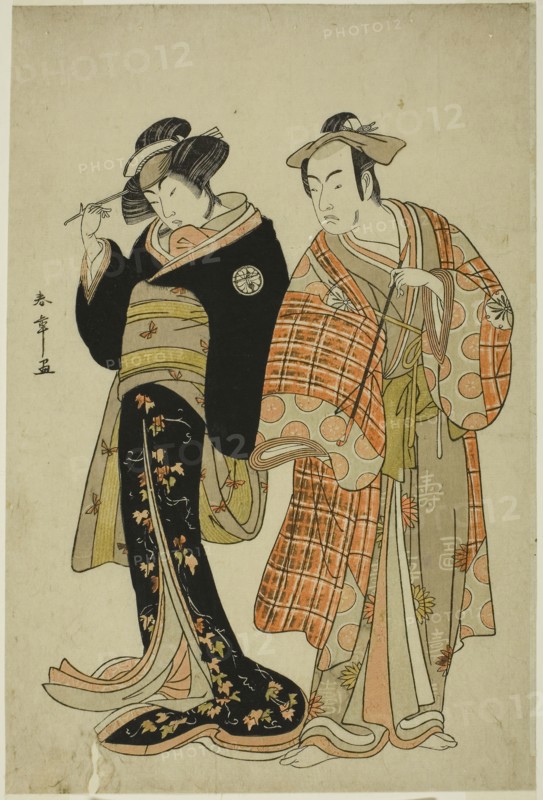 The Actors Matsumoto Koshiro IV and Segawa Kikunojo III as the Lovers Choemon (right) and Ohan (left), in the Elopement Scene Michiyuki Segawa no Adanami (An Elopement: Treacherous Waves in the Shallow River), a Dance Interlude from Part Two of the Play Kabuki no Hana Bandai Soga (Flower of Kabuki: The Eternal Soga), Performed at the Ichimura Theater from the Twenty-fifth Day of the Fourth Month, 1781, c. 1781, Katsukawa Shunsho ?? ??, Japanese, 1726-1792, Japan, Color woodblock print, aiban, 32.5 x 21.6 cm (12 13/16 x 8 1/2 in.)