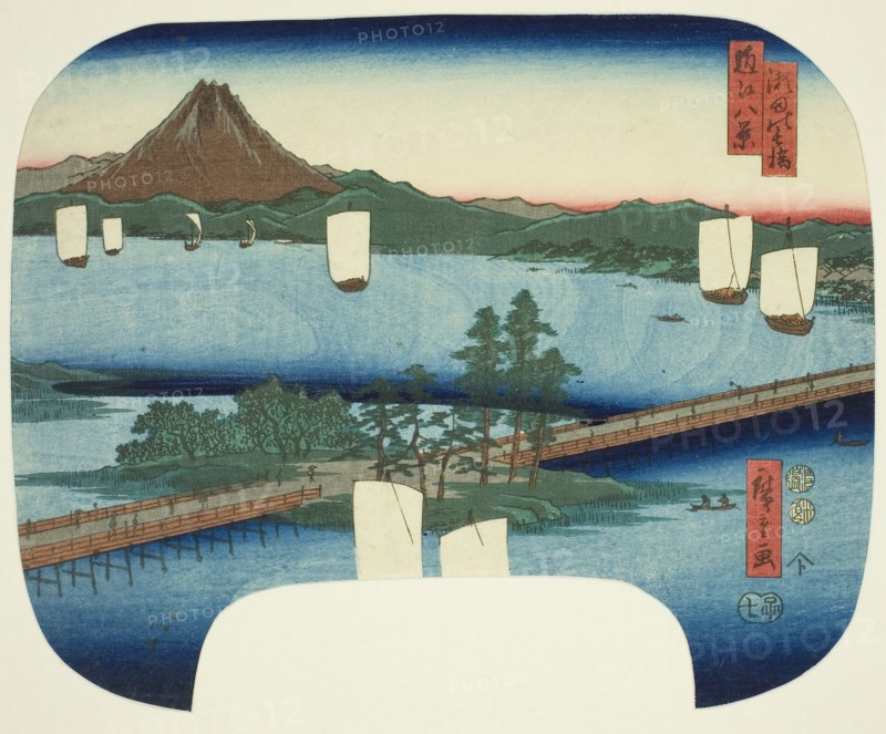 Long Bridge at Seta (Seta no nagahashi), from the series Eight Views of Omi (Omi hakkei), 1852, Utagawa Hiroshige ?? ??, Japanese, 1797-1858, Japan, Color woodblock print, uchiwa-e, 22.9 x 28.7 cm (11 5/16 x 9 in.)