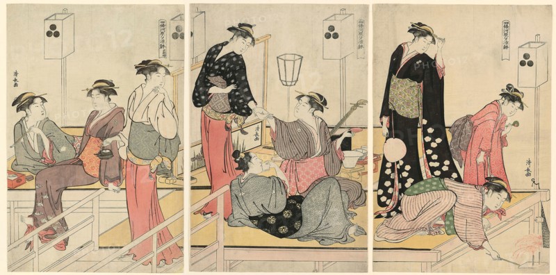 Cooling Off in the Evening at Shijogawara, c. 1784, Torii Kiyonaga, Japanese, 1752-1815, Japan, Color woodblock print, oban triptych, 39.1 x 78.1 cm (overall), 39.1 x 26.1 cm (right sheet), 39.1 x 26.2 cm (center sheet), 39.1 x 25.8 cm (left sheet)