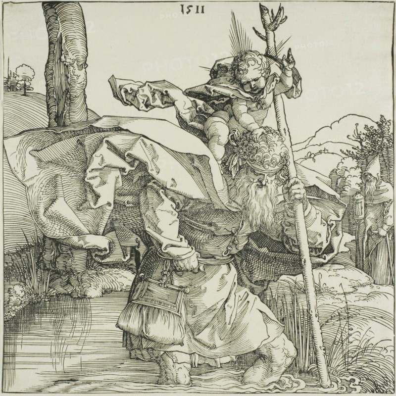 Saint Christopher, 1511, Albrecht Dürer, German, 1471-1528, Germany, Woodcut in black on ivory laid paper, 211 x 212 mm