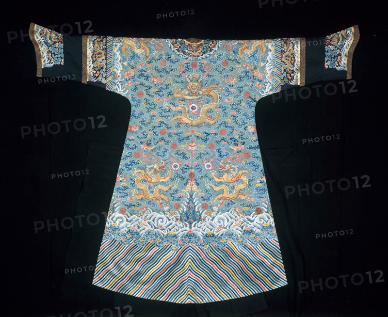 Empress’ Jifu (Semiformal Court Robe), Qing dynasty (1644–1911), 1840/60, Manchu, China, Silk, warp-float faced 2:1 'S' twill weave, embroidered with silk, gold-leaf-over-lacquered-paper-strip-wrapped silk, and gilt- and silvered-metal-strip-wrapped silk in knot, satin, and stem stitches, laid work and couching, sleeves: silk, weft-float faced 1:5 and warp-float faced 2:1 twill damask weave, edging and closures: silk and gold-leaf-over-lacquered-paper-strip-wrapped silk, warp-float faced 5:1 satin weave with weft-float faced 1:2 'Z' twill interlacings of secondary binding warps and supplementary patterning wefts, lined with silk, plain weave, metal buttons, 151.4 × 188 cm (59 1/2 × 74 in.)