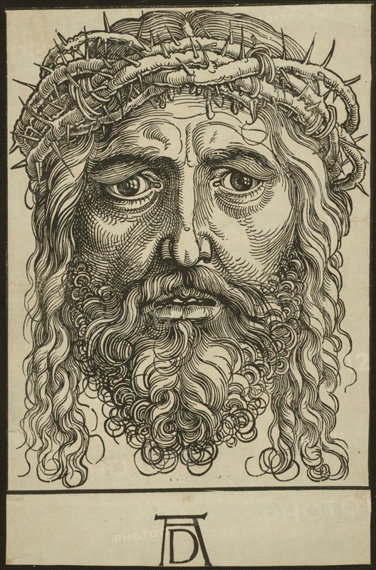 Head of Christ Crowned with Thorns, c. 1535, Sebald Beham, German, 1500-1550, Germany, Woodcut in black on cream laid paper, 427 x 322 mm (block), 493 x 322 mm (sheet)