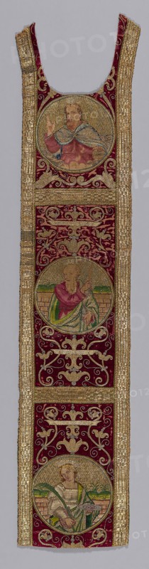 Orphrey Band, 17th century, Italy, Hemp and linen plain weave, appliquéd with silk, broken warp chevron twill weave cut, solid velvet, embroidered with silk and gilt- and silvered-metal-strip-wrapped silk in satin and split stitches, laidwork, couching padded couching, 118.8 x 26.6 cm (46 3/4 x 10 1/2 in.)