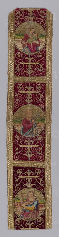 Orphrey Band, 17th century, Italy, Hemp and linen plain weave, appliquéd with silk, broken warp chevron twill weave cut, solid velvet, embroidered with silk and gilt- and silvered-metal-strip-wrapped silk in satin and split stitches, laidwork, couching padded couching, 120.6 x 24.2 cm (47 1/2 x 9 1/2 in.)