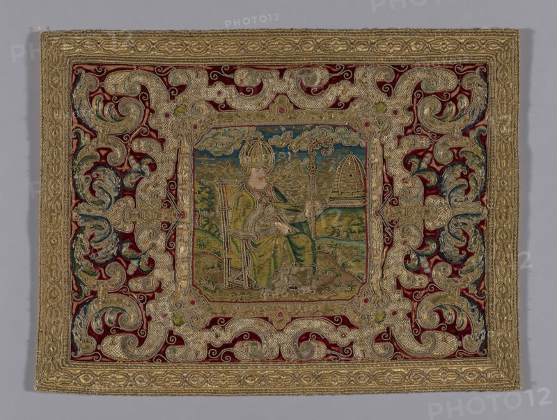 Panel, c. 1560, Italy, Silk, velvet weave over linen, plain weave, lined with silk damask weave, embroidered in silk and gilt and silver metal wrapped on silk core, 40 x 54.6 cm (15 3/4 x 21 1/2 in.)