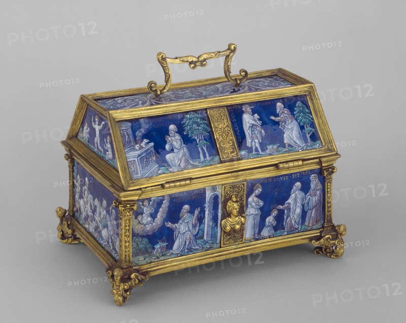 Casket with Scenes of David and Solomon, 1513-after 1584, Attributed to the workshop of Pierre Reymond, French, Limoges, Painted enamel on copper, gilded bronze mounts, 16.5 × 10.8 cm (6 1/2 × 4 1/4 in.)