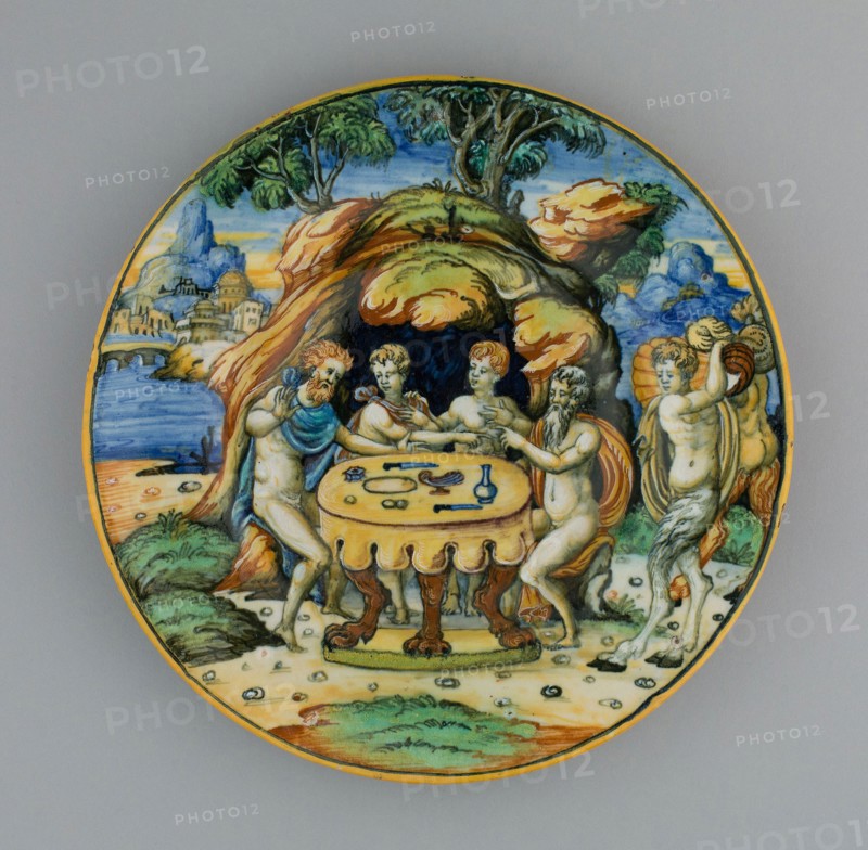 Plate with Theseus in the House of Achelous, from the Lancierini Service, 1540/50, Italian, Urbino, Italy, Tin-glazed earthenware (maiolica), Diameter: 23.5 cm (9 1/4 in.)