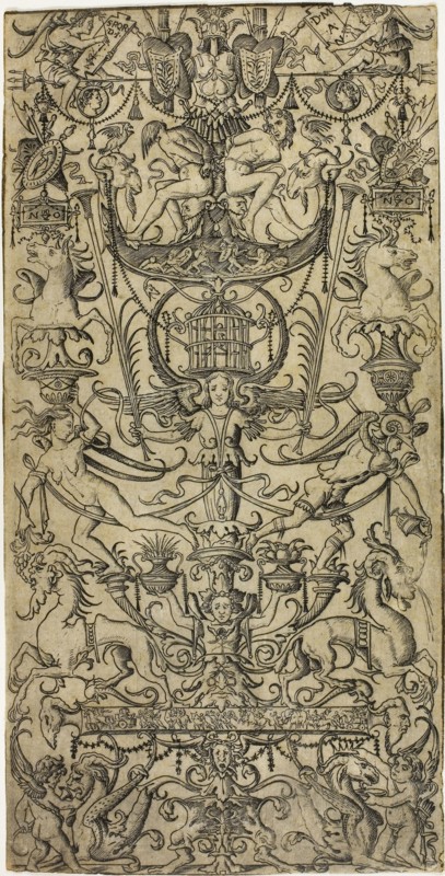 Panel of Ornament with a Birdcage, c. 1507, Nicoletto da Modena, Italian, active c. 1500-c. 1520, Italy, Engraving on paper