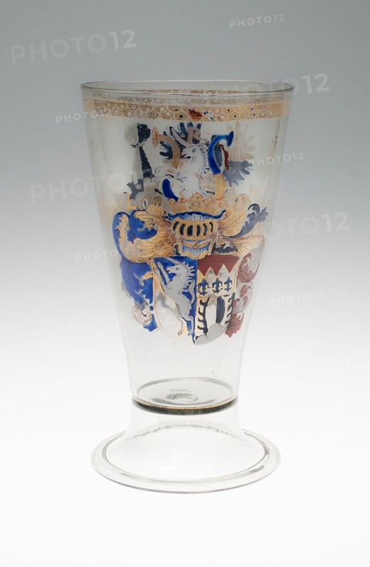 Beaker, 1573, German, Germany, Colorless glass and enamel, 25.1 × 13.7 cm (9 7/8 × 5 3/8 in.), Wt. 558.6 g (18 oz.)