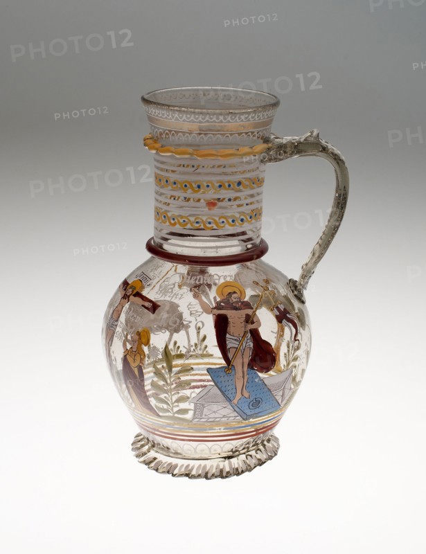 Wine Jug with the Lamb of God, c. 1630, Germany, Glass with enamel decoration, 22.9 x 9.5 cm (9 x 3 3/4 in.)