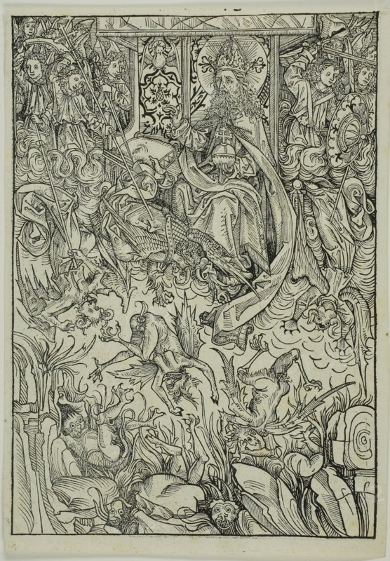 The Fall of Lucifer and the Rebel Angels (verso), The Gathering of the Angels (recto), pages three and two from the Treasury (Schatzbehalter), 1491, Michael Wolgemut and Workshop (German, 1434/37–1519), published by Anton Koberger (German, 1440–1513), Germany, Woodcuts on ivory laid paper, 250 × 175 mm (image/block, recto and verso), 267 × 184 mm (sheet), Pris derrière l’Hôtel de Ville, c. 1867, Charles Soulier, French, 1840-1875, France, Albumen print, from the album "Paris et ses environs
