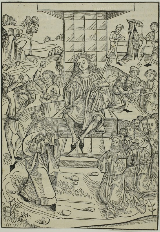 The Stoning of Zacharias and Isaias, page 9 from the Treasury (Schatzbehalter), 1491, Michael Wolgemut and Workshop (German, 1434/37–1519), published by Anton Koberger (German, 1440–1513), Germany, Woodcut on ivory laid paper with letterpress on verso, 250 x 173 mm