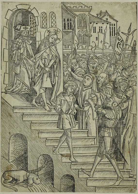 Christ Presented to the People, page 73 from the Treasury (Schatzbehalter), 1491, Michael Wolgemut and Workshop (German, 1434/37–1519), published by Anton Koberger (German, 1440–1513), Germany, Woodcut on cream laid paper with letterpress on verso, laid down on album page, 250 x 176 mm (image/block/sheet), 442 x 300 (album sheet)