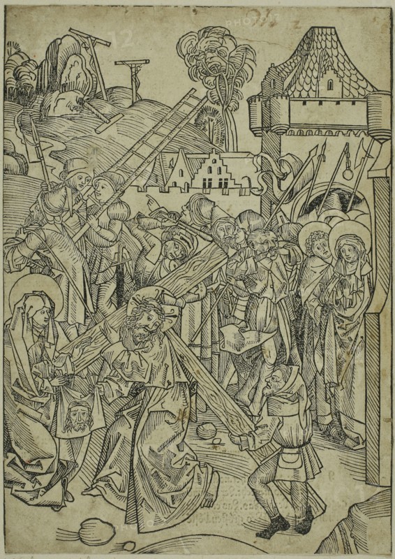 Christ Bearing the Cross, page 81, from the Treasury (Schatzbehalter), 1491, Michael Wolgemut and Workshop (German, 1434/37–1519), published by Anton Koberger (German, 1440–1513), Germany, Woodcut on cream laid paper, laid down on ivory wove album sheet, 247 x 175 mm (image/block/sheet), 446 x 300 mm (album sheet)