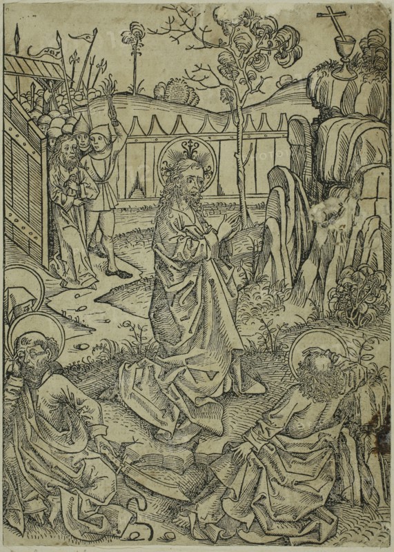 Christ on Mount of Olives, page 52 from the Treasury (Schatzbehalter), 1491, Michael Wolgemut and Workshop (German, 1434/37–1519), published by Anton Koberger (German, 1440–1513), Germany, Woodcut on cream laid paper with letterpress on verso, laid down on ivory wove album sheet, 245 x 175 mm (image/block/sheet), 438 x 300 mm (album sheet)