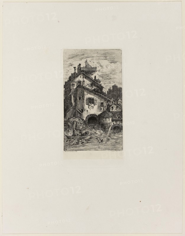 Watermill, 1866, Rodolphe Bresdin, French, 1825-1885, France, Etching on cream China paper laid down on white wove paper, 141 × 82 mm (image), 168 89 mm (plate), 326 × 252 mm (sheet)