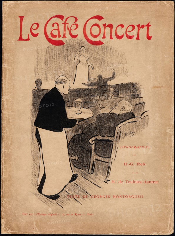 Portfolio Cover for Le Café-Concert, 1893, Henri-Gabriel Ibels (French, 1867-1936), printed by Alponse Lemerre (French, 1838-1912), published by L’Estampe originale (French, 1893-1895), France, Bi-fold portfolio cover with lithograph image and red letterpress text, on tan wove paper, 390 × 280 mm (image), 443 × 330 mm (sheet)