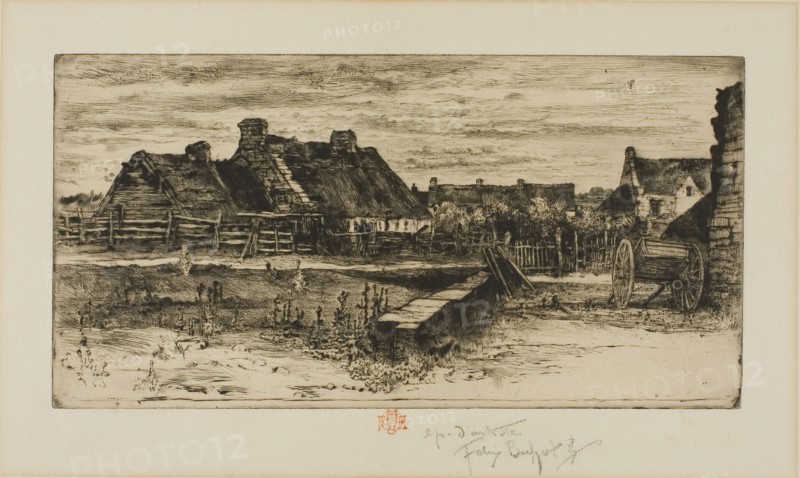 The Large Thatched Cottages, 1881, Félix Hilaire Buhot, French, 1847-1898, France, Etching and drypoint on ivory laid paper, 139 × 273 mm (plate), 310 × 445 mm (sheet)