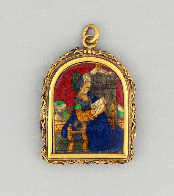 Reliquary Pendant of Saint Barbara, c. 1500, French or Netherlandish, France, Gold and enamel, 3.5 × 2.9 cm (1 3/8 × 1 1/8 in.)