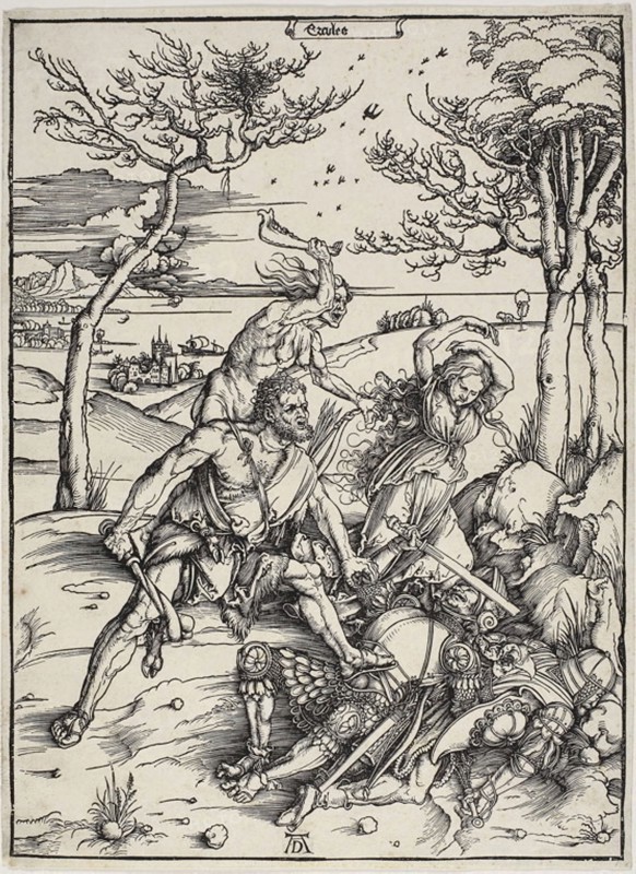 Hercules Conquering the Molionide Twins, c. 1496, Albrecht Dürer, German, 1471-1528, Germany, Woodcut in black on ivory laid paper, 388 x 282 mm (image), 396 x 290 mm (sheet)