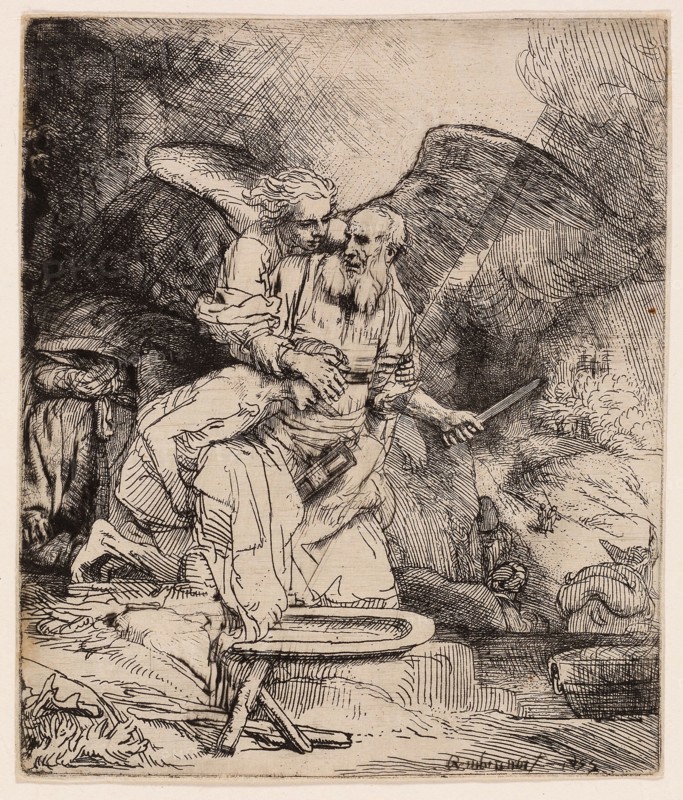 Abraham’s Sacrifice, 1655, Rembrandt van Rijn, Dutch, 1606-1669, Holland, Etching and drypoint on white laid paper, 154 x 131 mm (image/plate), 157 x 132 mm (sheet)