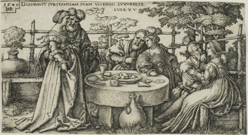 The Prodigal Son Wasting his Fortune, plate two from The History of the Prodigal Son, 1540, Sebald Beham, German, 1500-1550, Germany, Engraving in black on ivory laid paper, 50 x 92 mm (image/sheet, trimmed to plate mark)