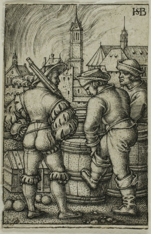 The Guard Near the Powder Casks, n.d., Sebald Beham, German, 1500-1550, Germany, Engraving in black on ivory laid paper, 44 x 29 mm (image/plate), 44 x 29 mm (sheet)