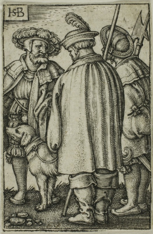 Three Soldiers and a Dog, n.d., Sebald Beham, German, 1500-1550, Germany, Engraving in black on ivory laid paper, 45 x 30 mm (image/sheet trimmed to plate mark)