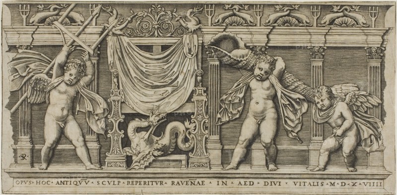 Throne of Neptune, 1519, Marco Dente da Ravenna, Italian, about 1486–1527, Italy, Engraving in black on cream laid paper, 175 x 355 mm