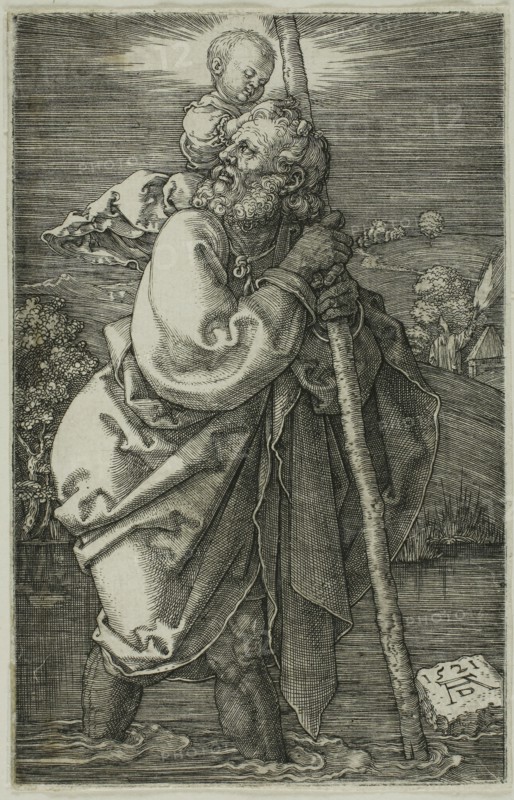 St. Christopher Facing to the Left, 1521, Albrecht Dürer, German, 1471-1528, Germany, Engraving in black on ivory laid paper, 118 x 75 mm (image/plate), 120 x 76 mm (sheet)