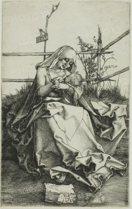 Madonna on a Grassy Bank, 1503, Albrecht Dürer, German, 1471-1528, Germany, Engraving in black on ivory laid paper, 114 x 72 mm (image/plate/sheet)