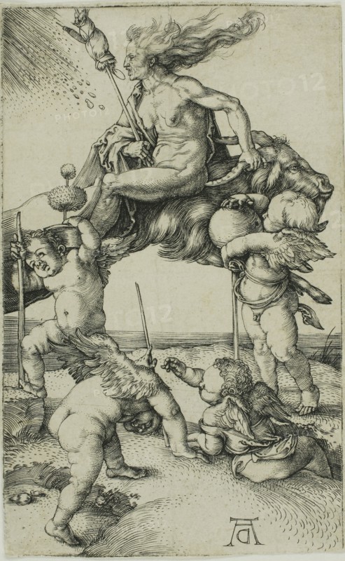 Witch Riding Backwards on a Goat, 1500/02, Albrecht Dürer, German, 1471-1528, Germany, Engraving in black on ivory laid paper, 115 x 72 mm (image/sheet)