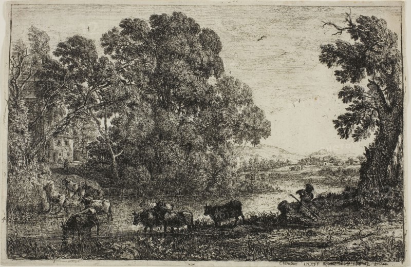 The Cowherd, 1636, Claude Lorrain, French, 1600-1682, France, Etching on ivory laid paper, 126 × 195 mm (image), 131 × 201 mm (sheet, cut within platemark)