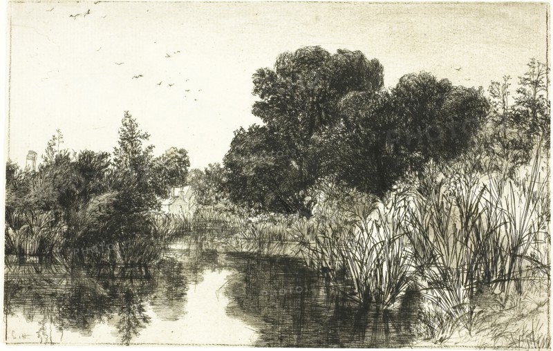 Shere Mill Pond, No. II (large plate), c. 1860, Francis Seymour Haden, English, 1818-1910, England, Etching with drypoint on ivory laid paper, 150 × 236 mm