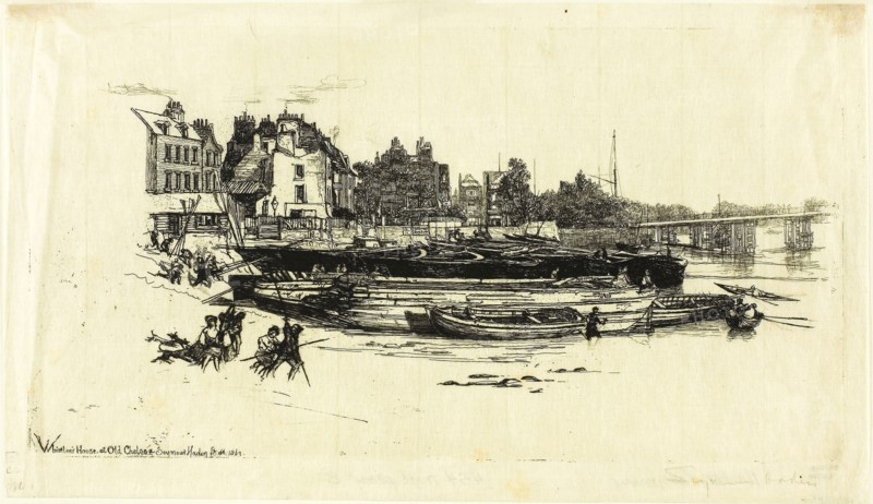 Whistler’s House, Old Chelsea, 1863, Francis Seymour Haden, English, 1818-1910, England, Etching with drypoint on ivory Japanese paper, 176 × 333 mm (image/plate), 204 × 355 mm (sheet)