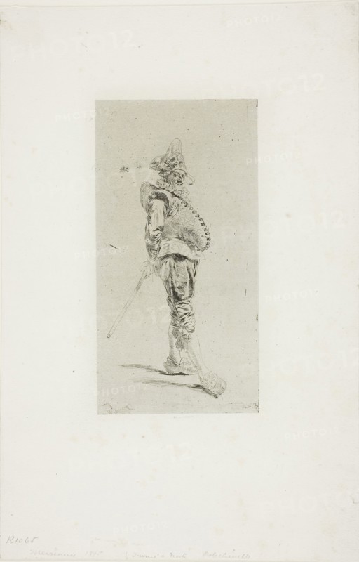Punchinello, c. 1850, Jean Louis Ernest Meissonier, French, 1815-1891, France, Cliché-verre on ivory photographic paper, 158 × 81 mm (image), 278 × 182 mm (sheet)
