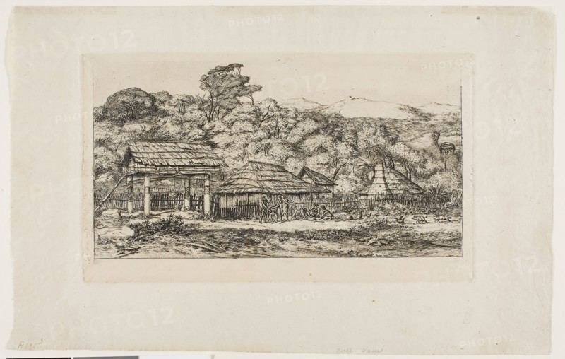 Native Barns and Huts at Akaroa, Banks’ Peninsula, 1845, 1865, Charles Meryon, French, 1821-1868, France, Etching on ivory laid chine, 141 × 243 mm (image), 141 × 243 mm (plate), 215 × 336 mm (sheet)