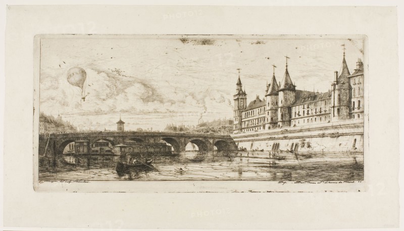 Pont-au-Change, Paris, 1854, Charles Meryon, French, 1821-1868, France, Etching on ivory laid chine, 158 × 337 mm (image), 158 × 337 mm (plate), 223 × 396 mm (sheet)