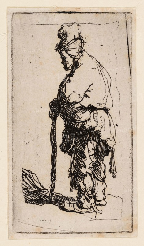 Beggar Leaning on a Stick, Facing Left, c. 1630, Rembrandt van Rijn, Dutch, 1606-1669, Holland, Etching on ivory laid paper, 85 x 47 mm (plate), 88 x 50 mm (sheet)